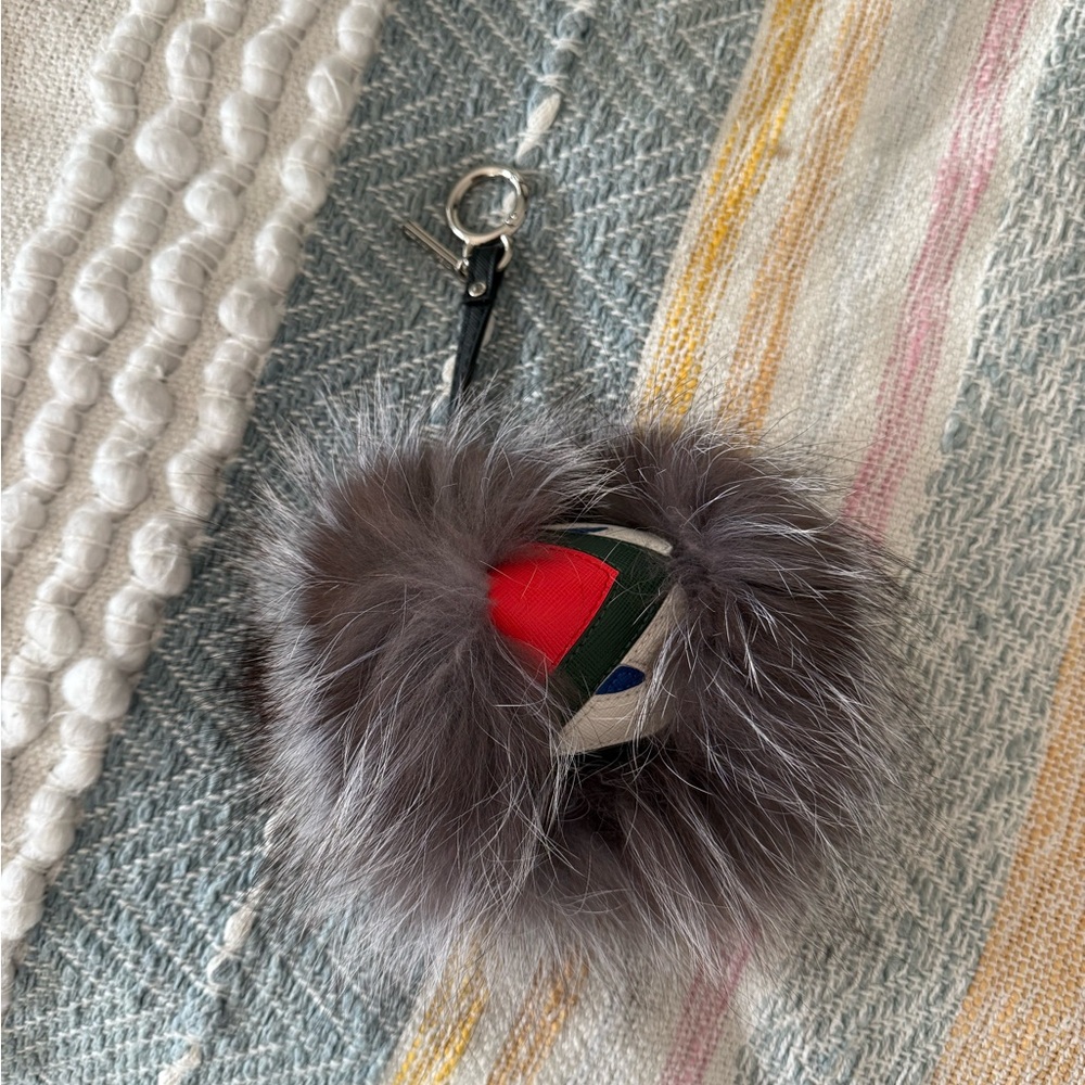Fendi Gray Fur Keychain with Red and Green Accents Charm